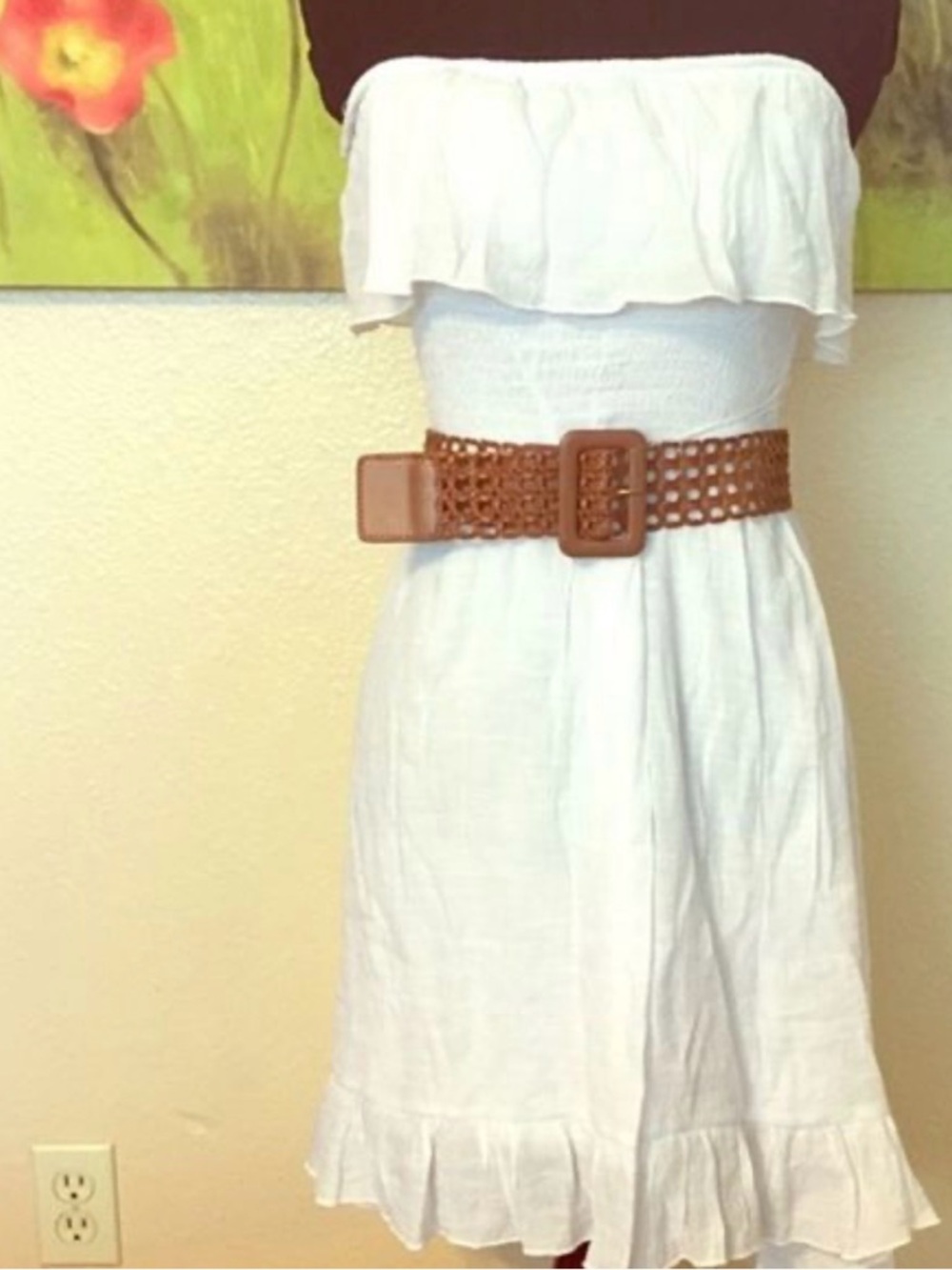 White Strapless Ruffle Smocked Dress